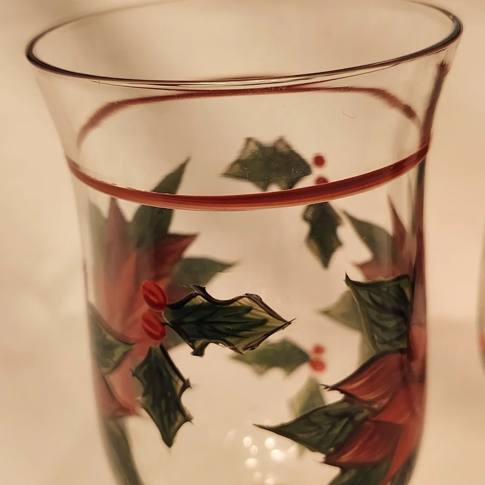 Poinsettia Christmas Wine Glasses. Vivid Red And Green Accents. Set Of 2.
